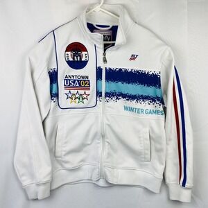 Born Fly Mens XL Anytown USA 02 Winter Games Track Jacket White Blue Full Zip